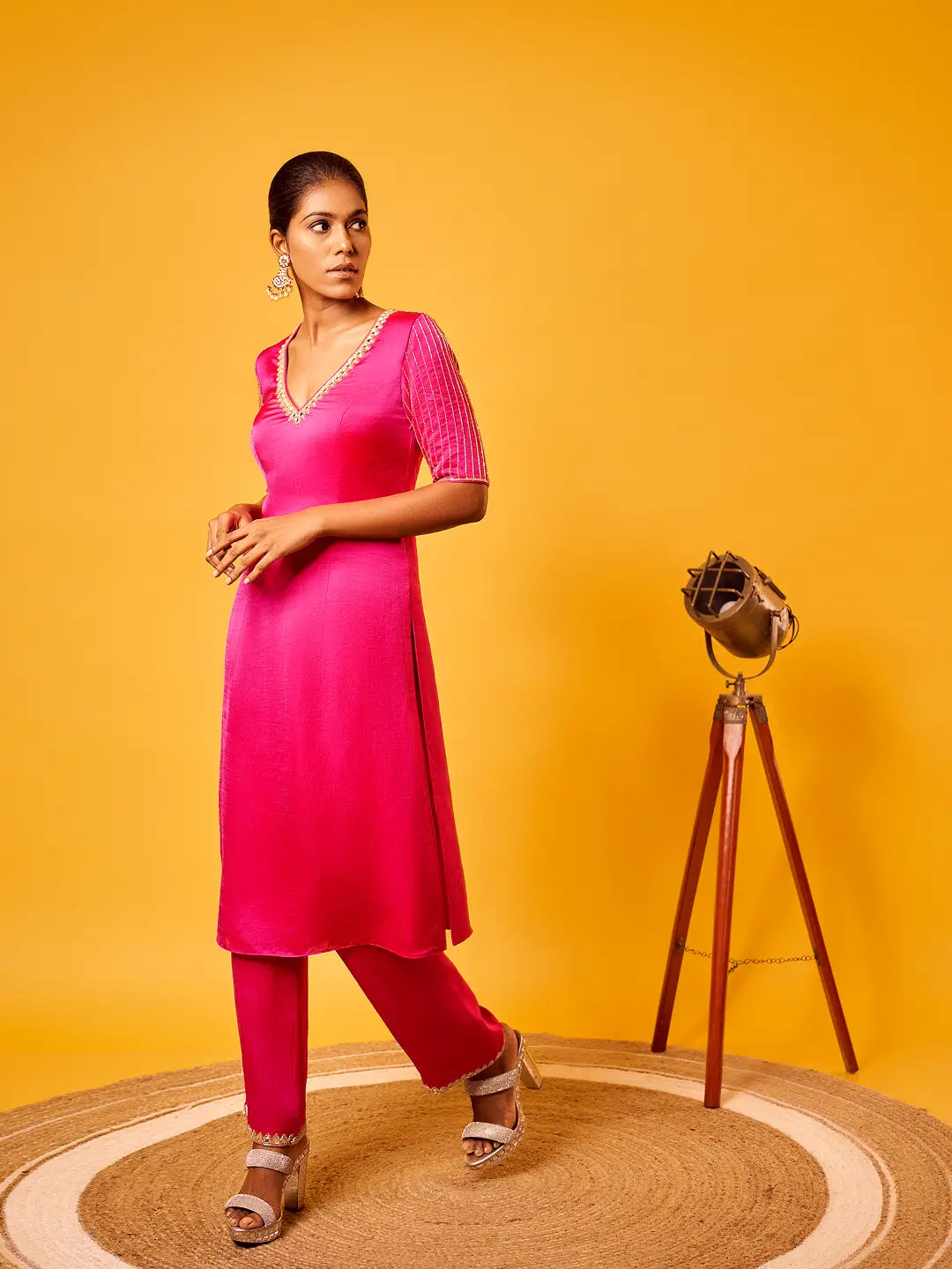 Hot Pink Mirror-work Kurti Set