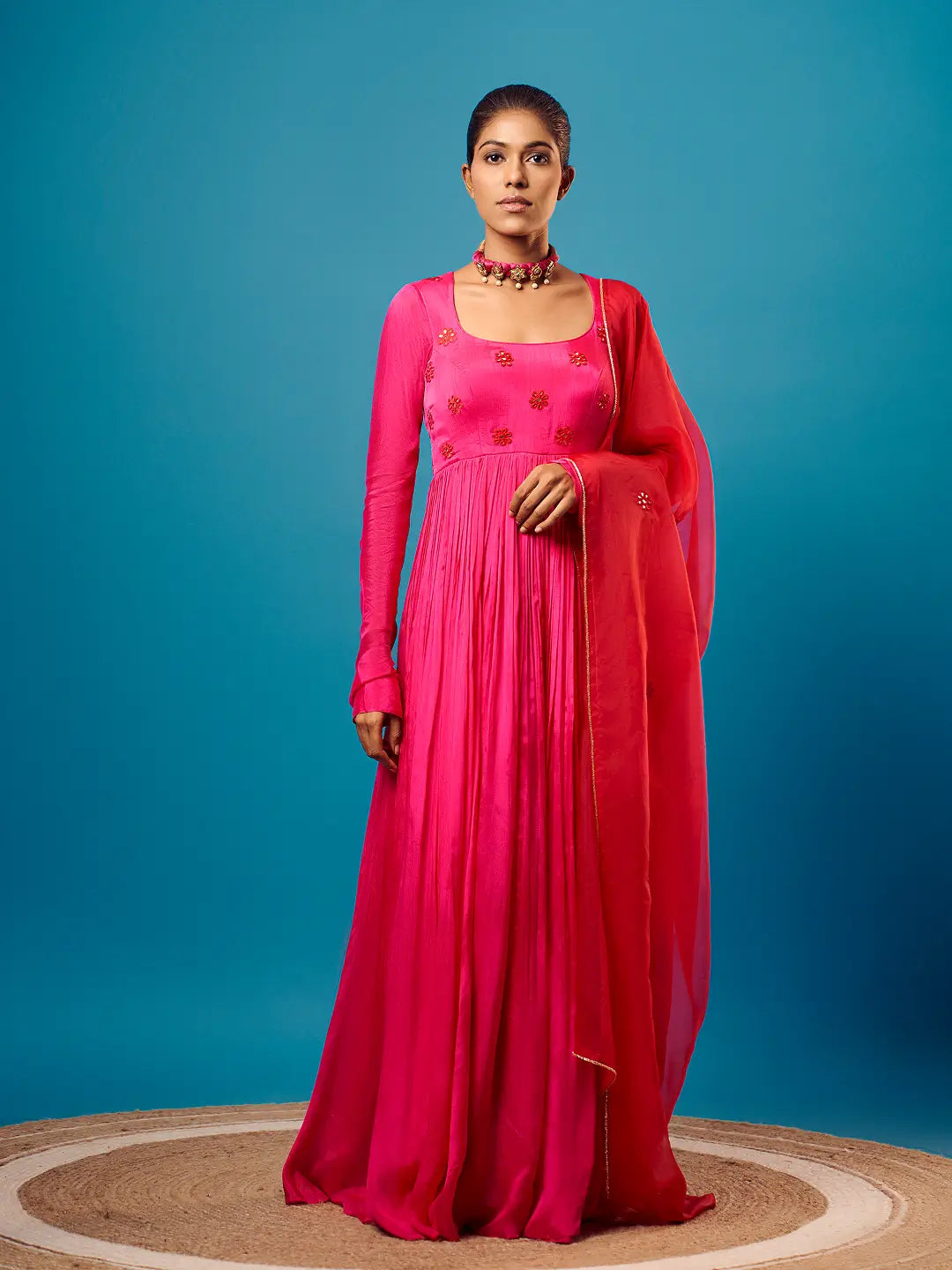 Fuchsia Pink Mirror-work Anarkali Set