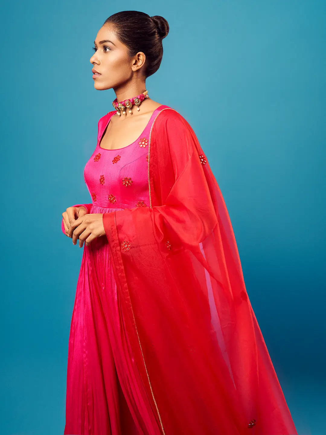 Fuchsia Pink Mirror-work Anarkali Set
