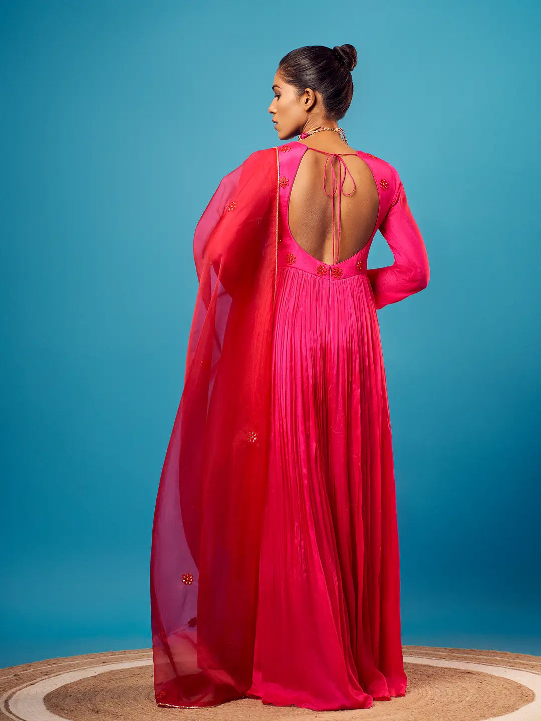 Fuchsia Pink Mirror-work Anarkali Set