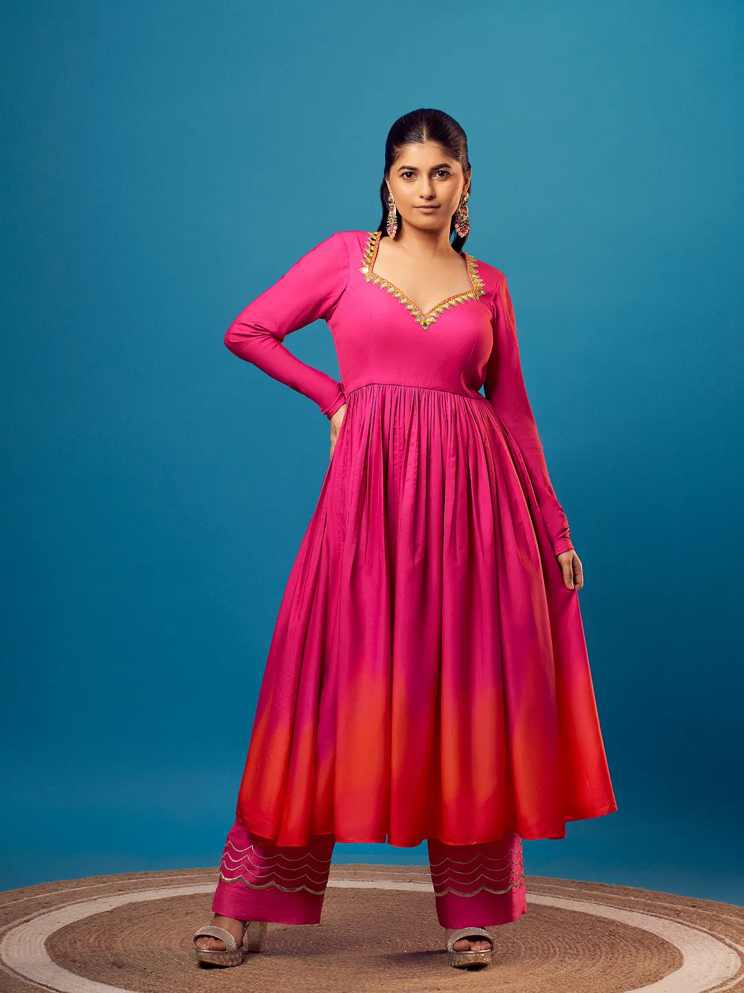 Pink-Orange Ombre Sweetheart Anarkali Set