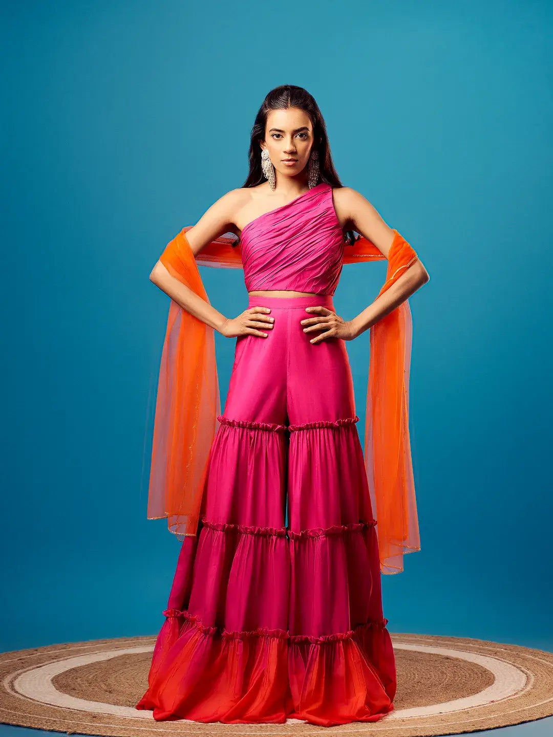 Pink-Orange Ombre One Shoulder Tiered Sharara Set