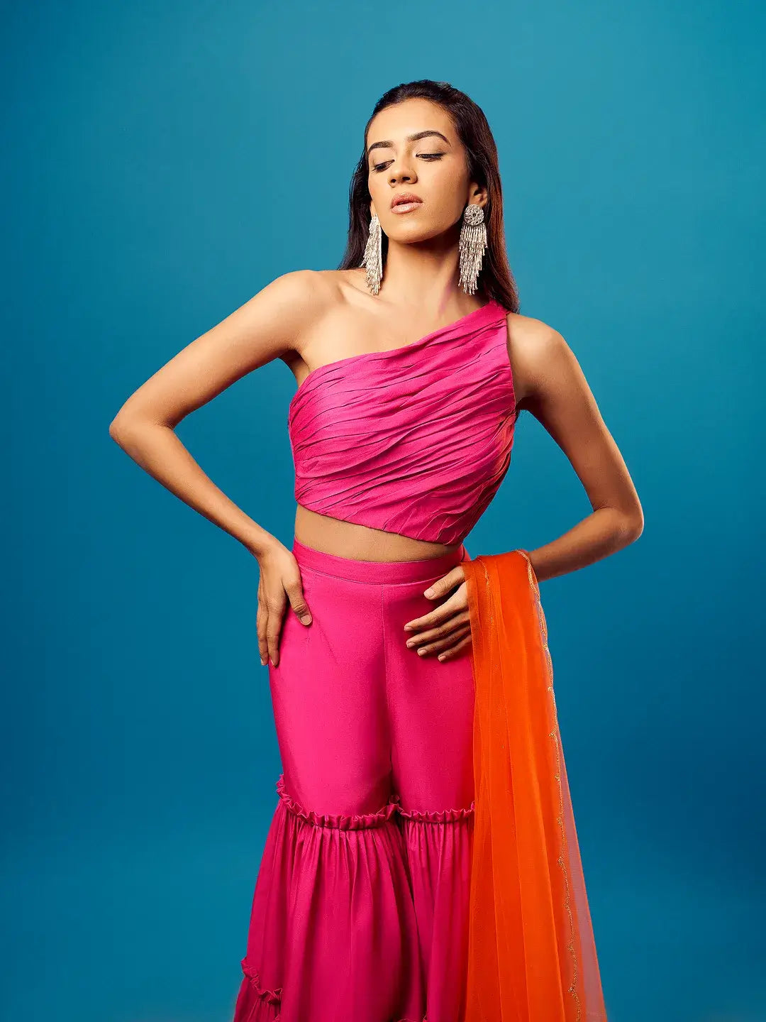 Pink-Orange Ombre One Shoulder Tiered Sharara Set