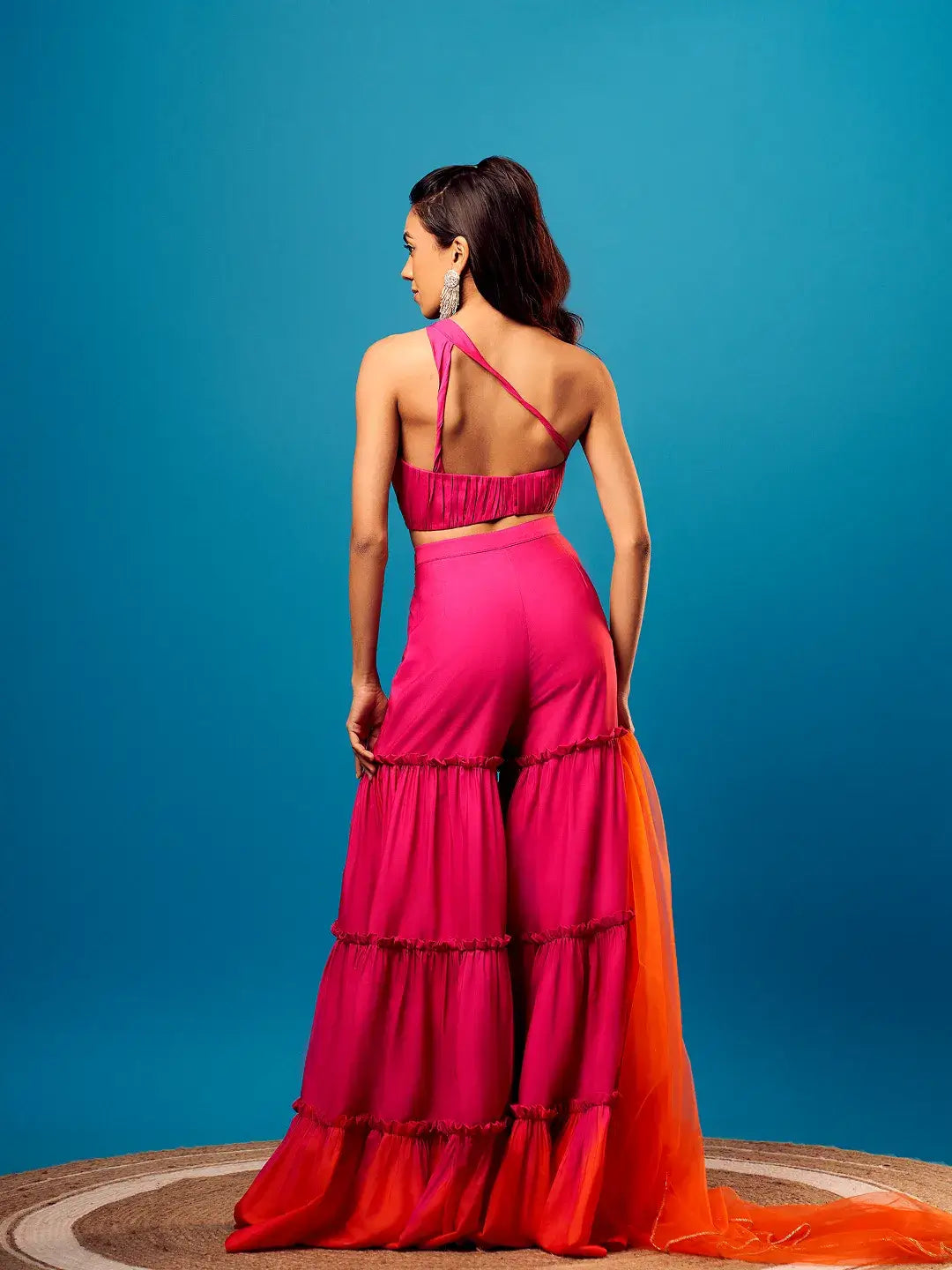 Pink-Orange Ombre One Shoulder Tiered Sharara Set