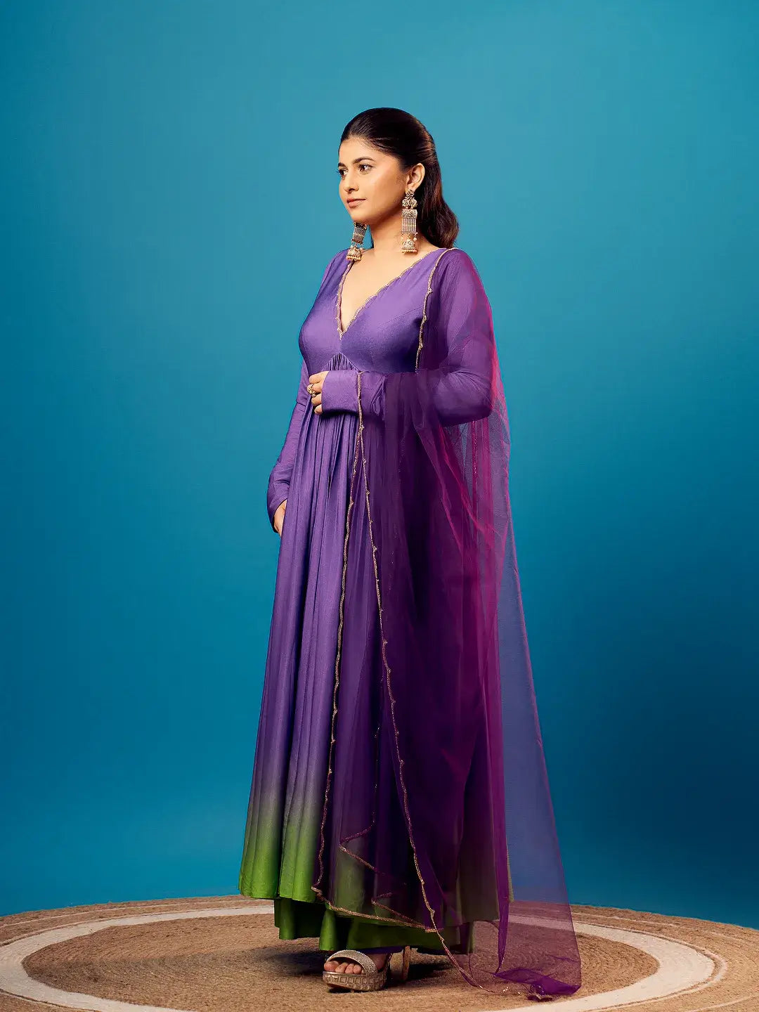 Purple-Green Ombre Scallop Anarkali Set