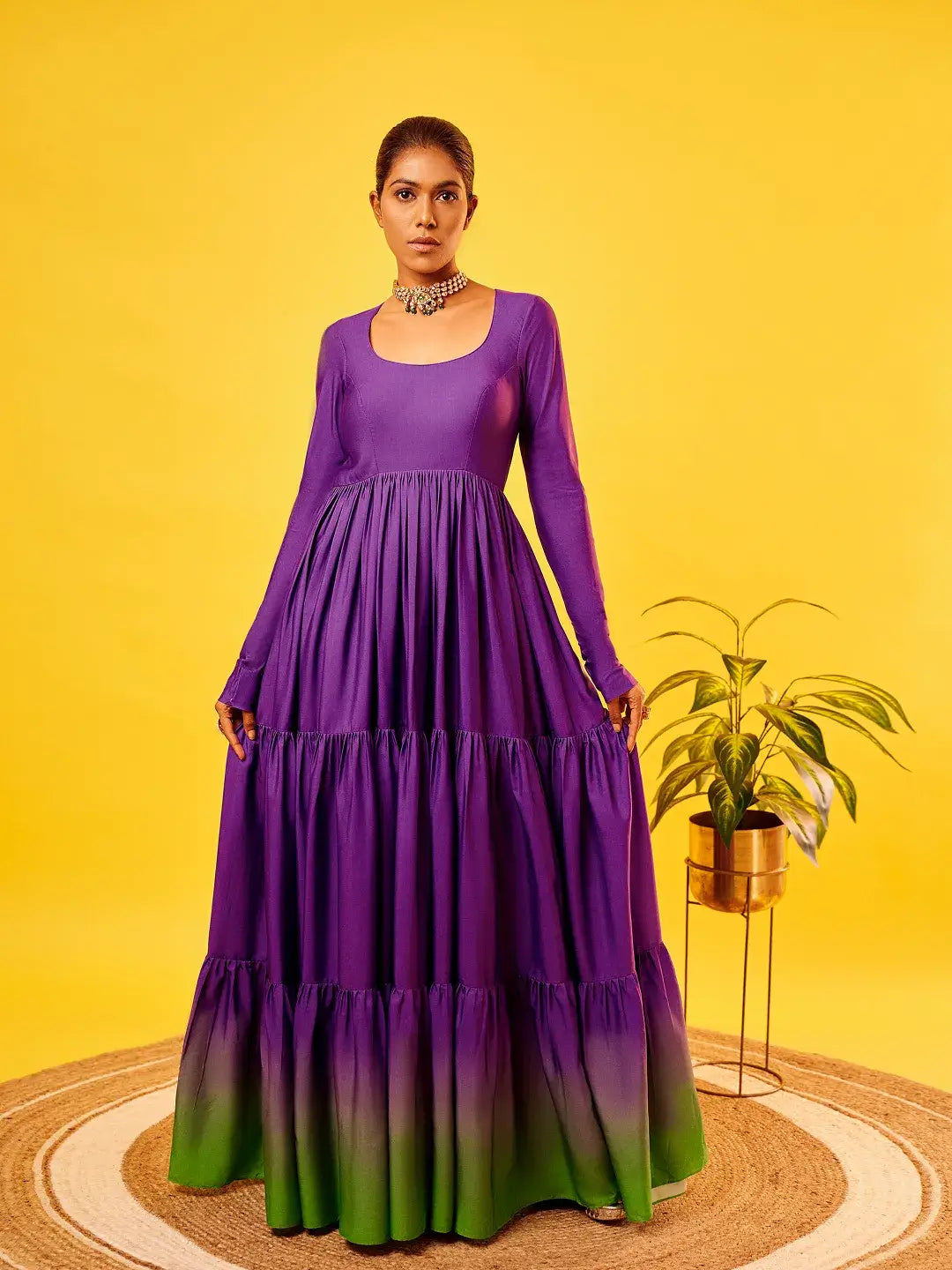 Purple-Green Ombre Tiered Anarkali Set