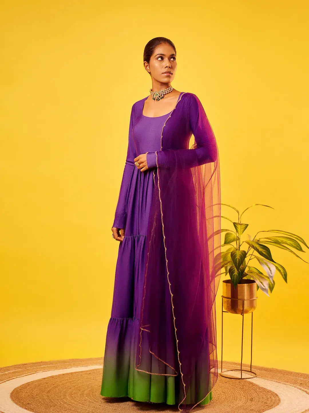 Purple-Green Ombre Tiered Anarkali Set