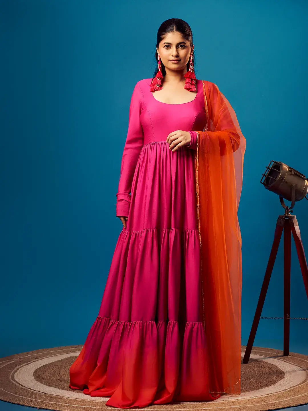 Pink-Orange Ombre Tiered Anarkali Set
