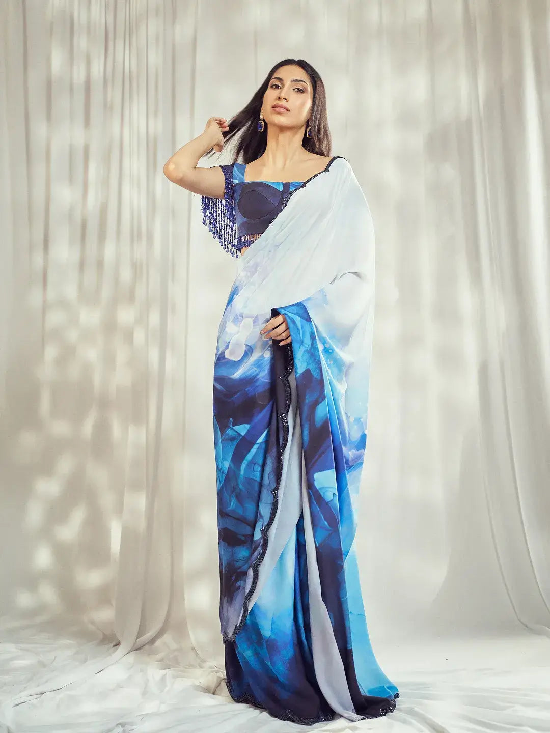 Blue Print Scallop Saree Set