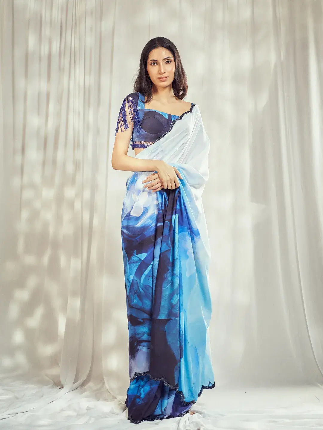 Blue Print Scallop Saree Set