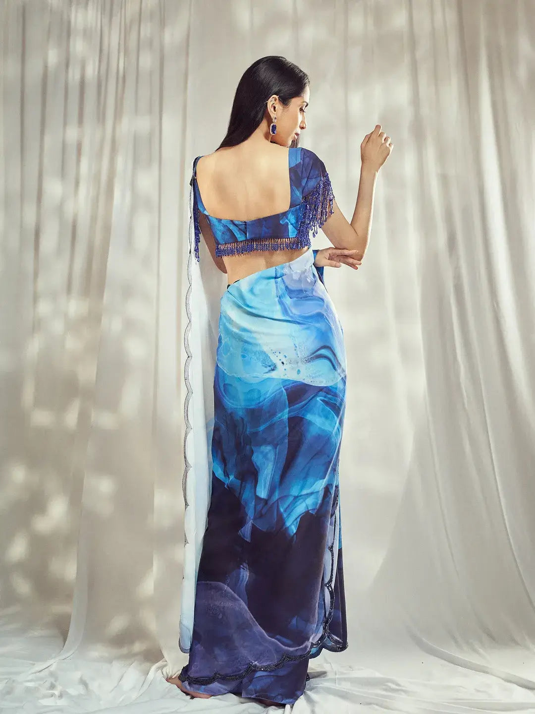 Blue Print Scallop Saree Set