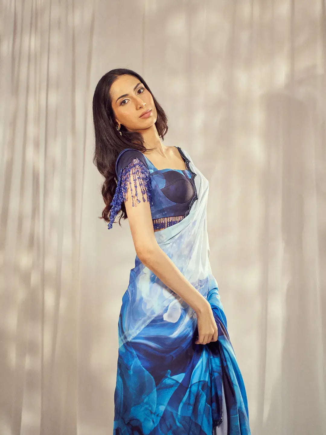Blue Print Scallop Saree Set