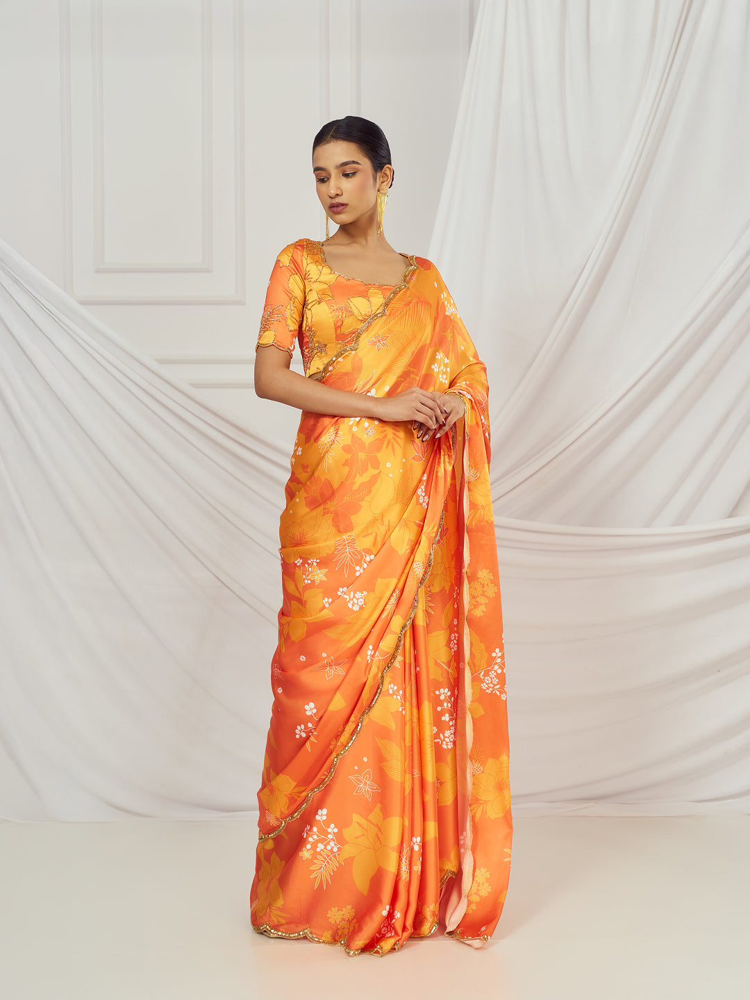 Yellow and Orange Print Scallop Saree Set