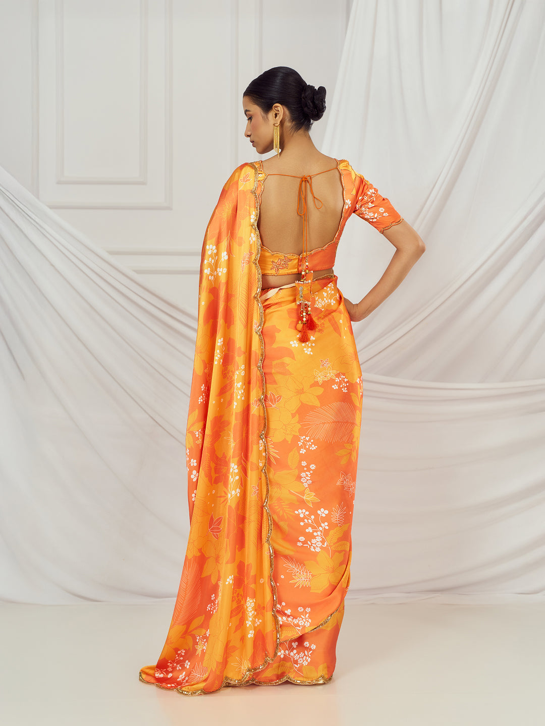 Yellow and Orange Print Scallop Saree Set