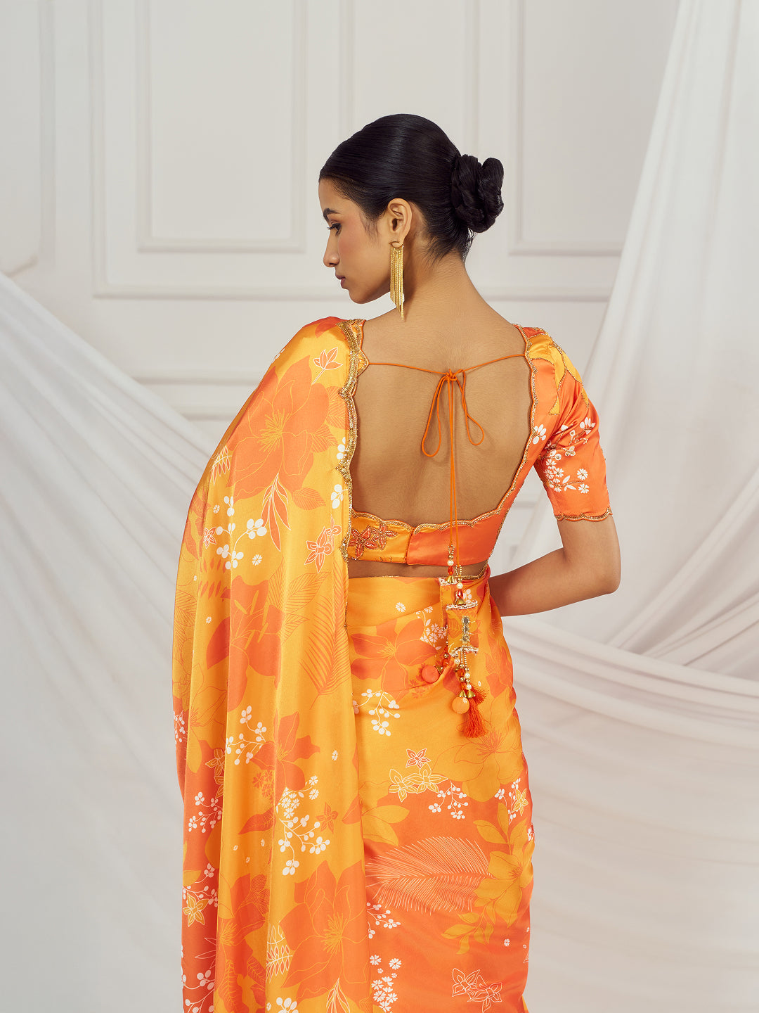 Yellow and Orange Print Scallop Saree Set