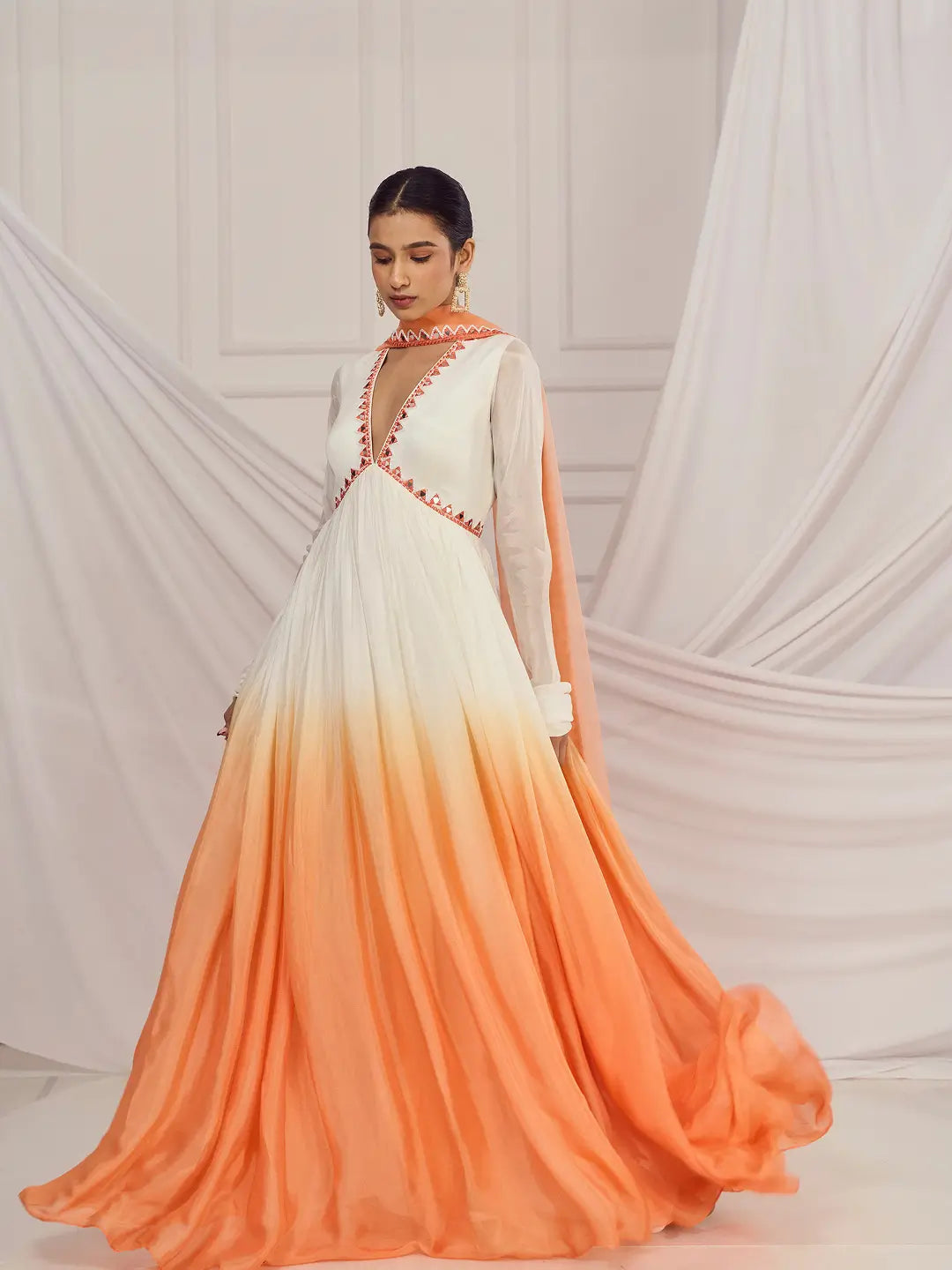 White and Peach Ombre Mirror-work Anarkali Set