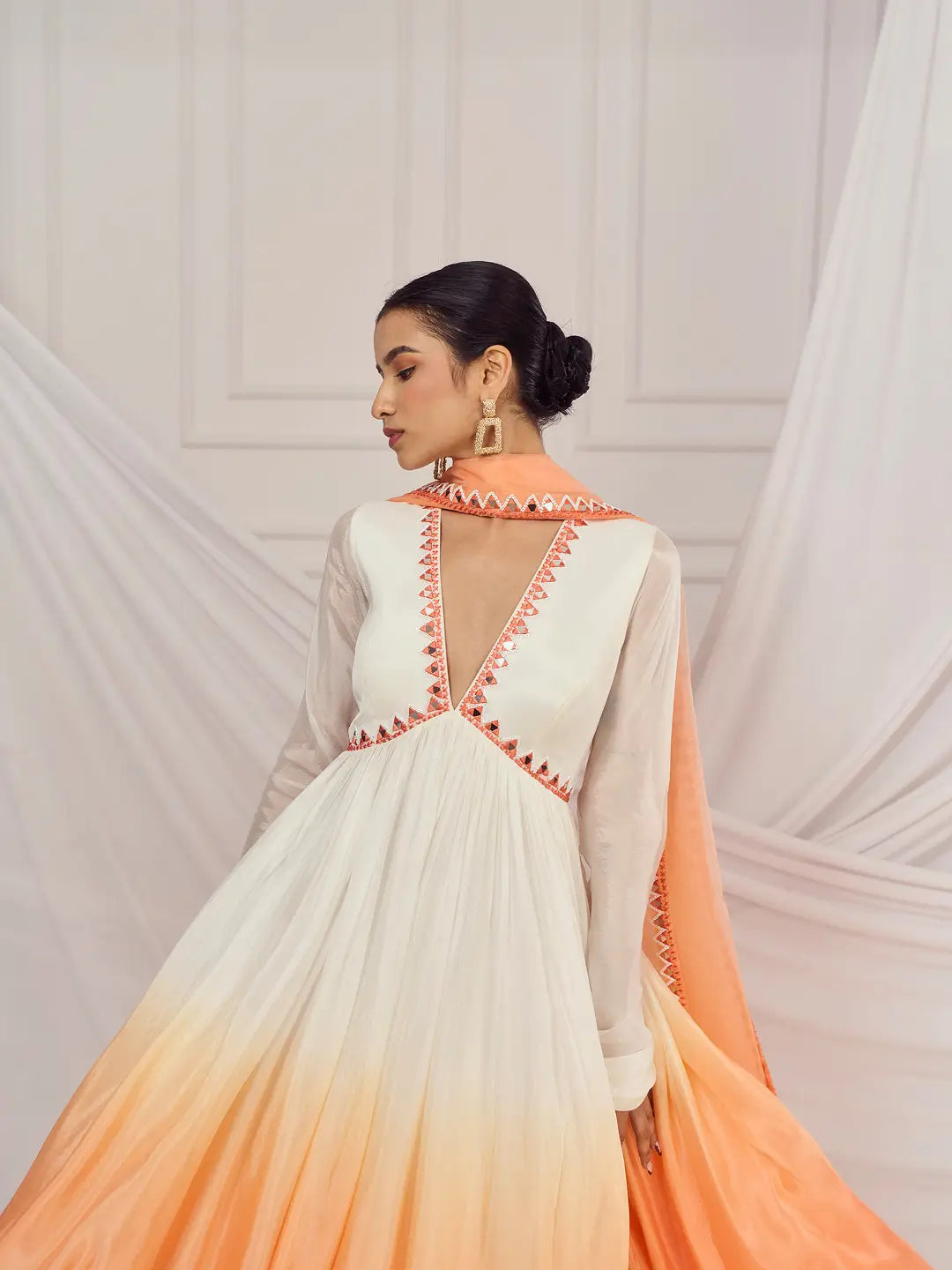 White and Peach Ombre Mirror-work Anarkali Set