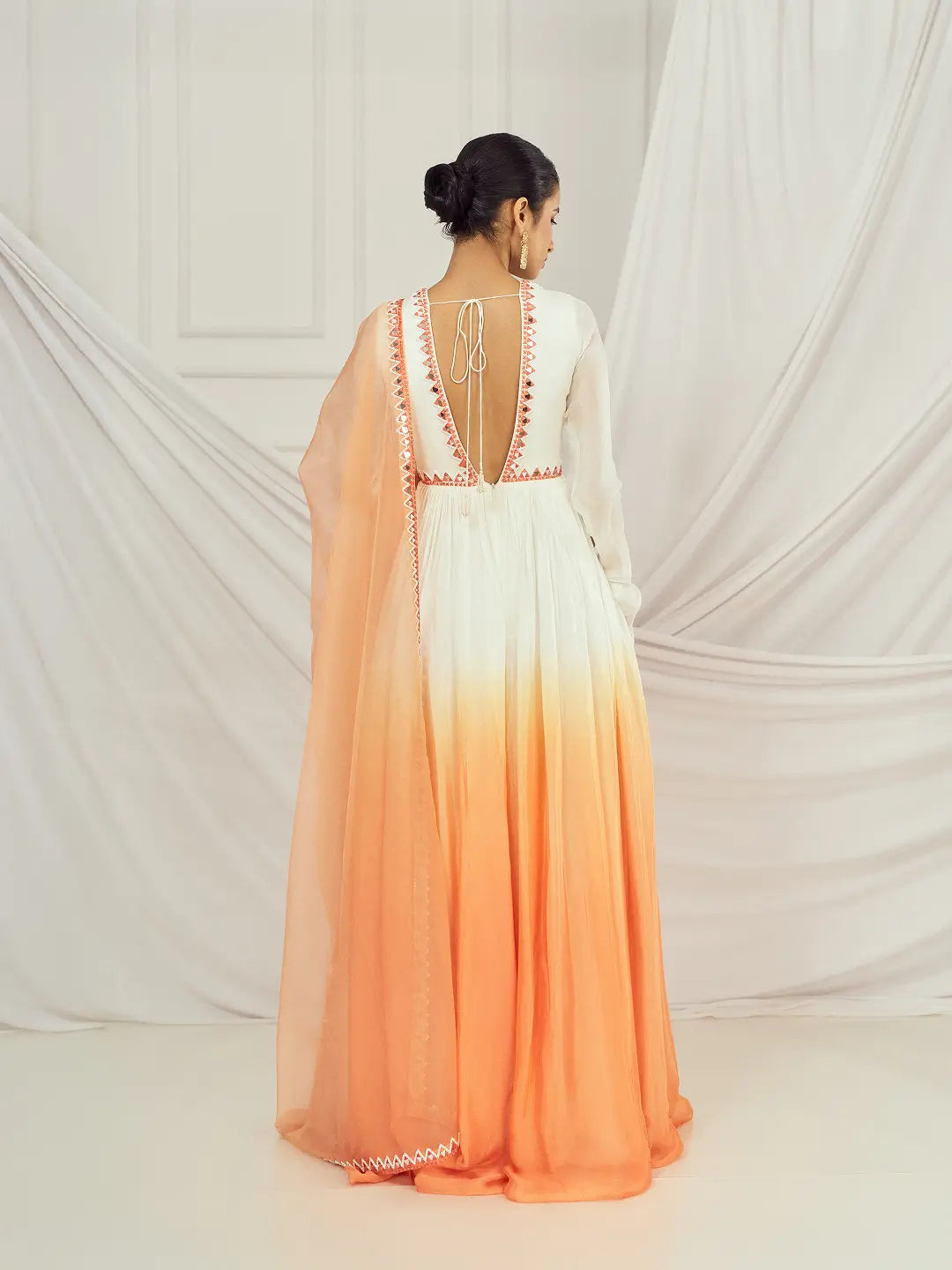 White and Peach Ombre Mirror-work Anarkali Set