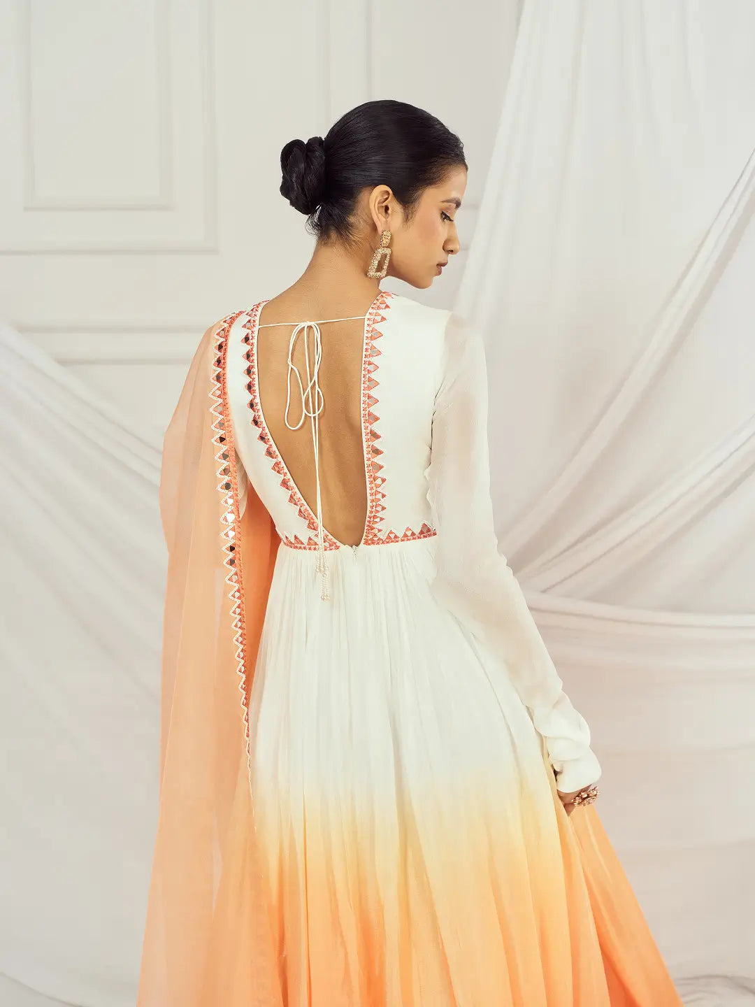 White and Peach Ombre Mirror-work Anarkali Set