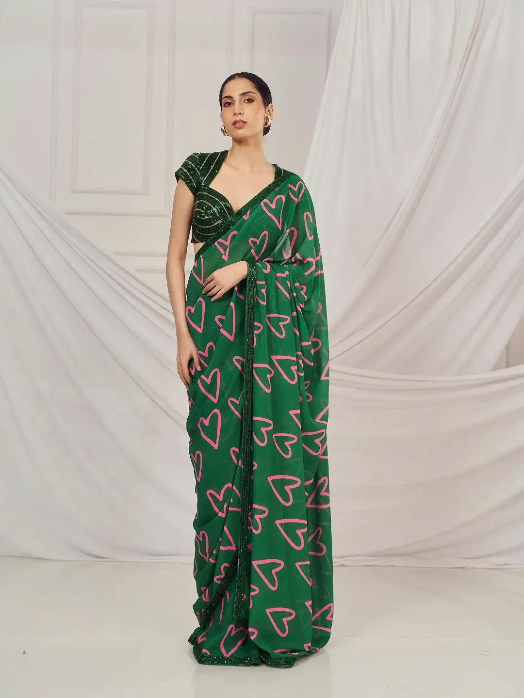 Dark Green Heart Saree Set