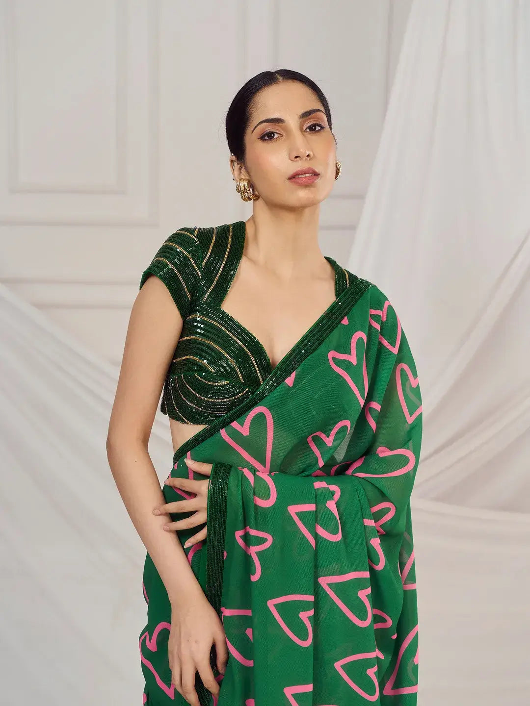 Dark Green Heart Saree Set