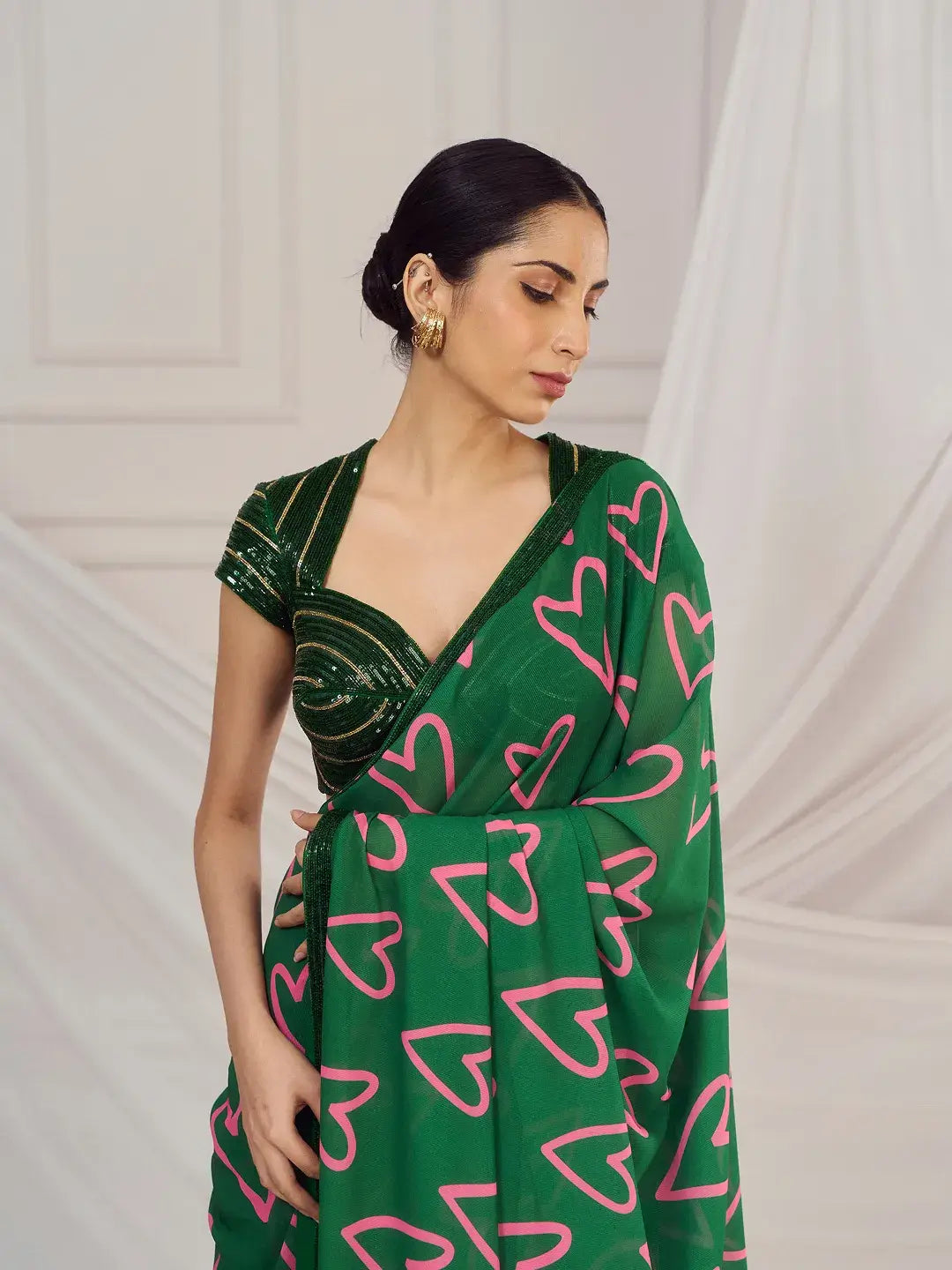 Dark Green Heart Saree Set