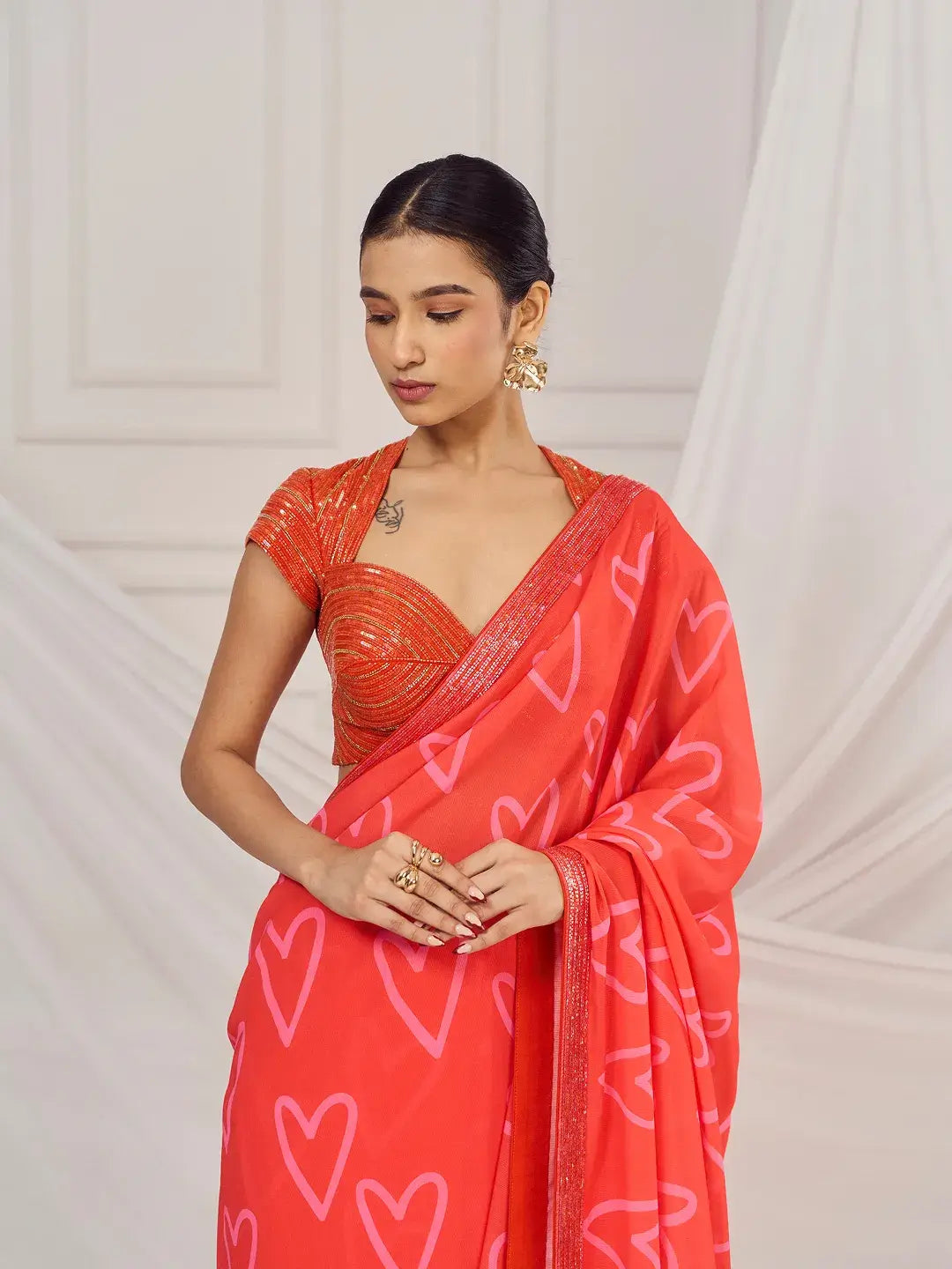 Red Heart Saree Set