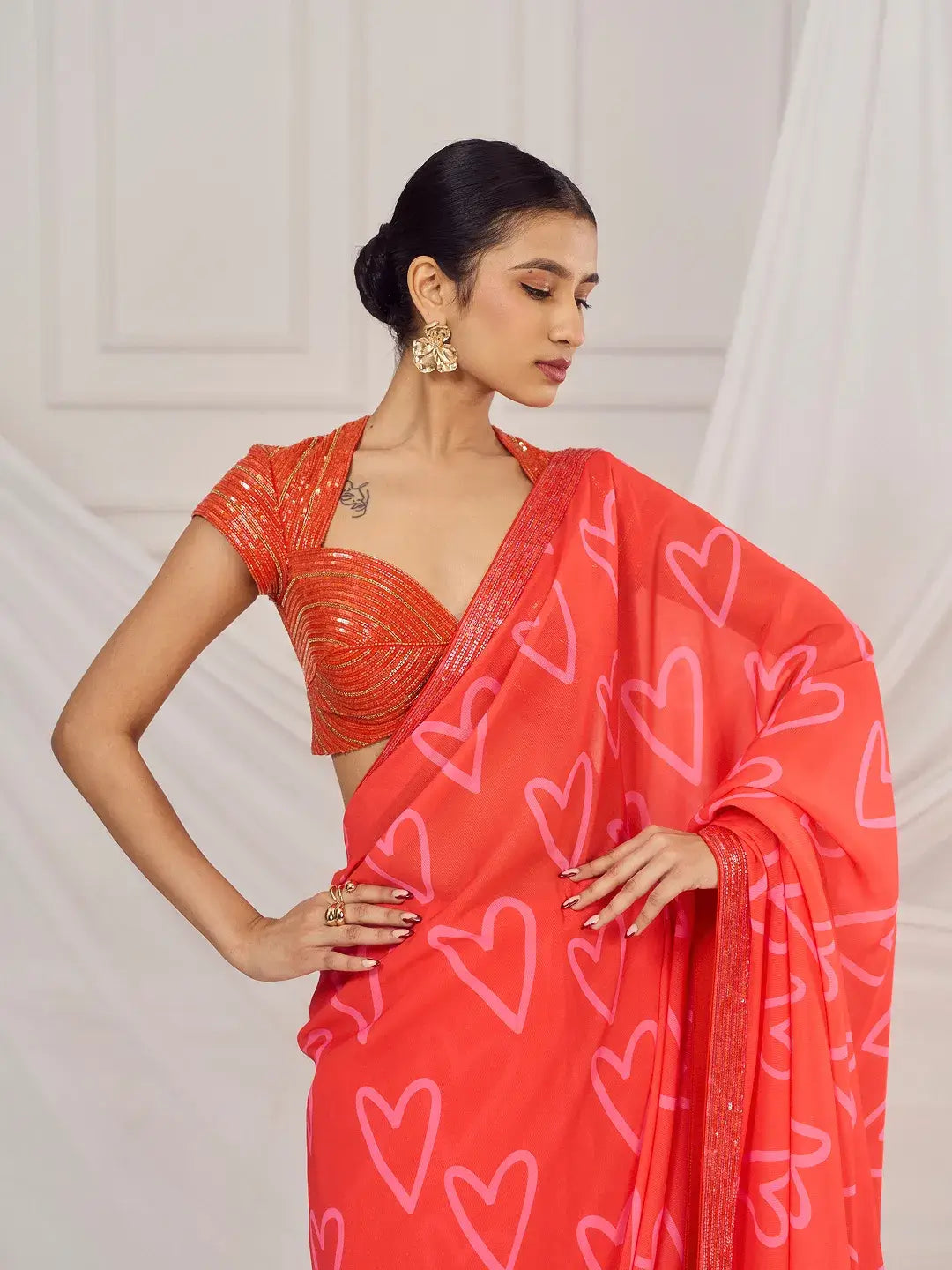 Red Heart Saree Set