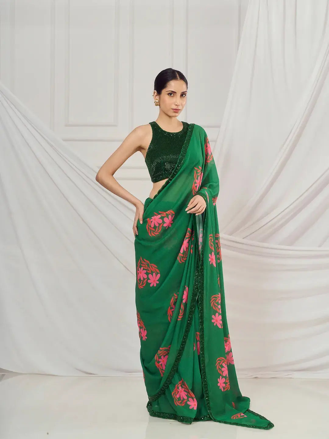 Dark Green Floral Heart Saree Set