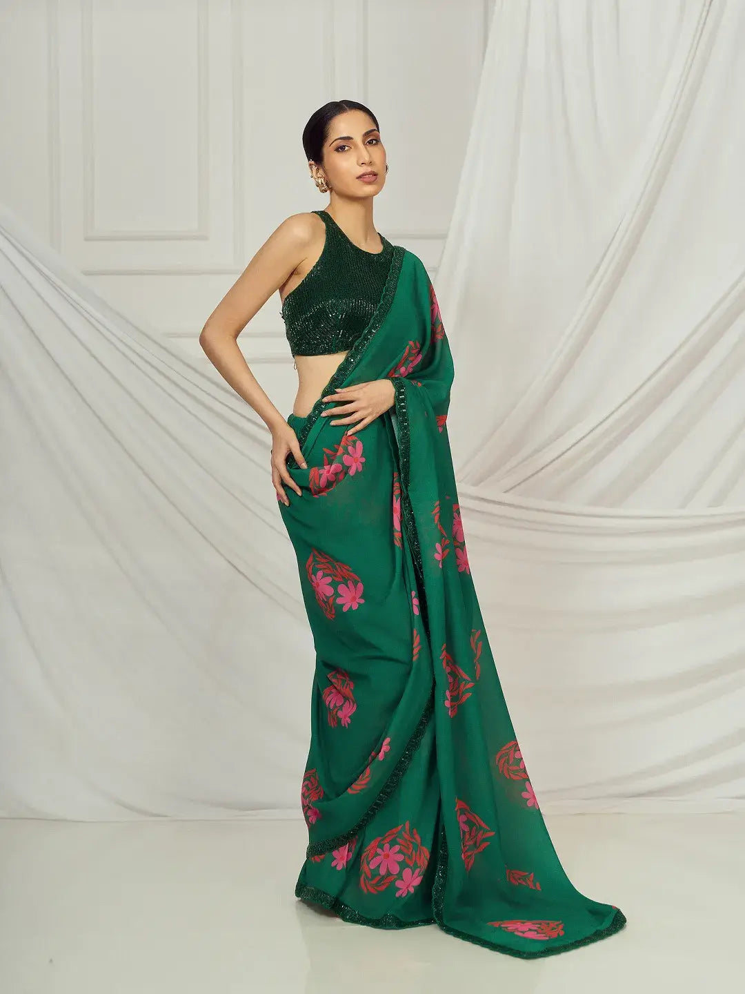 Dark Green Floral Heart Saree Set
