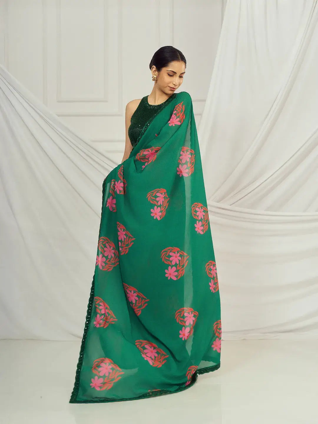 Dark Green Floral Heart Saree Set