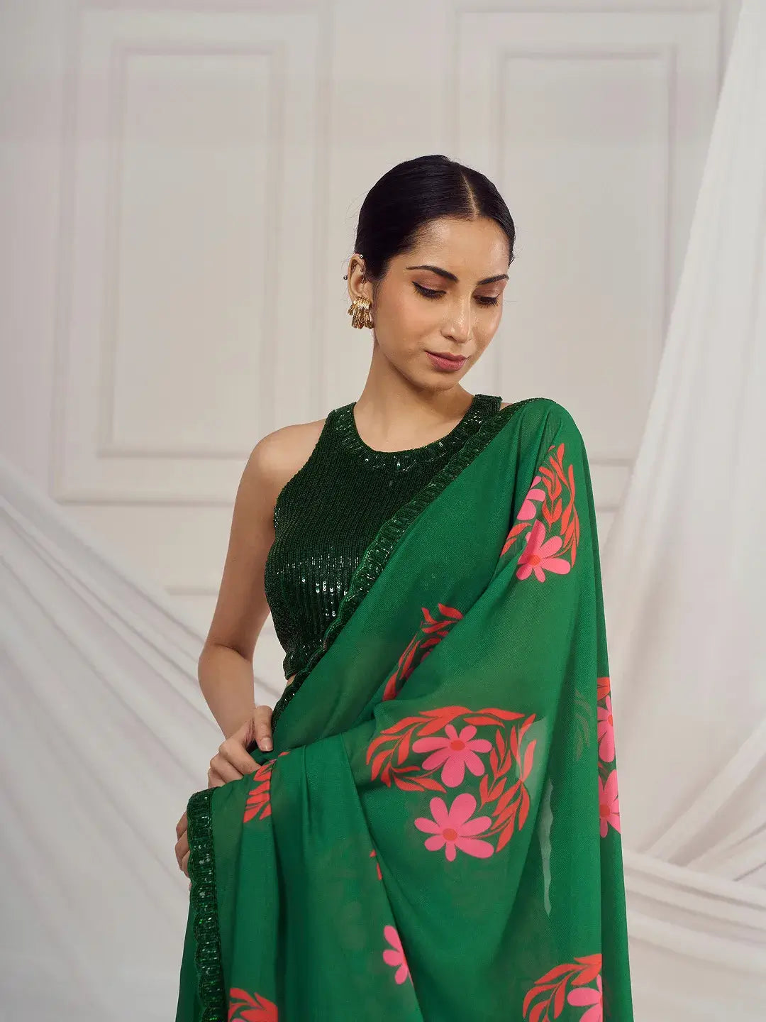 Dark Green Floral Heart Saree Set