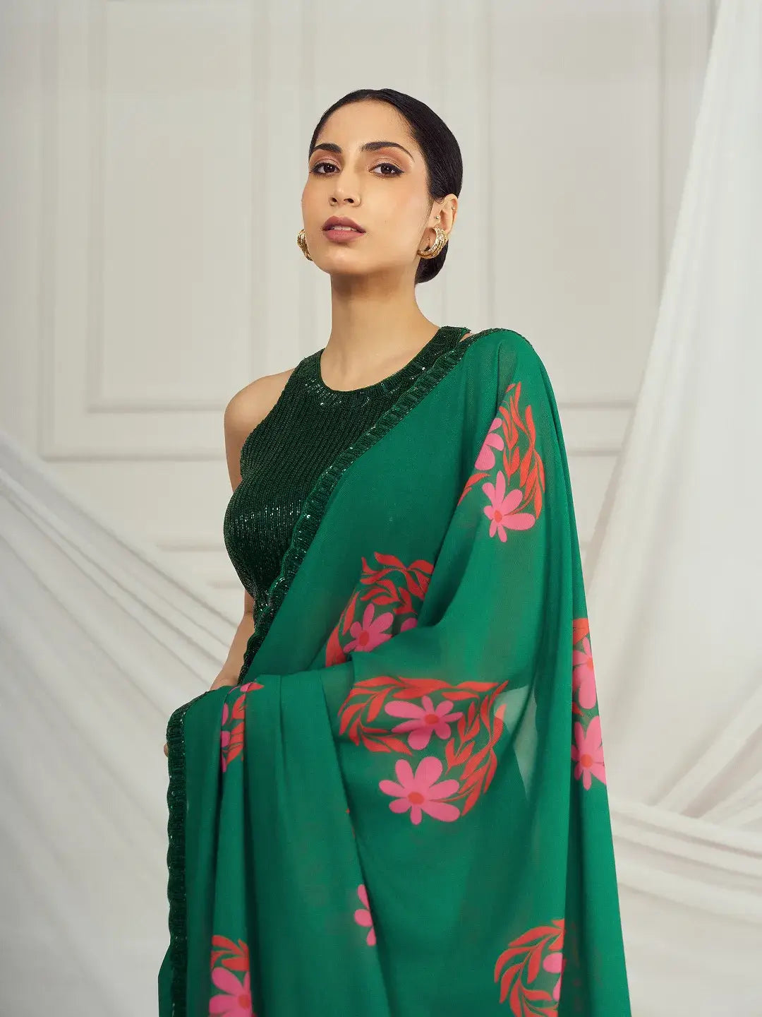 Dark Green Floral Heart Saree Set