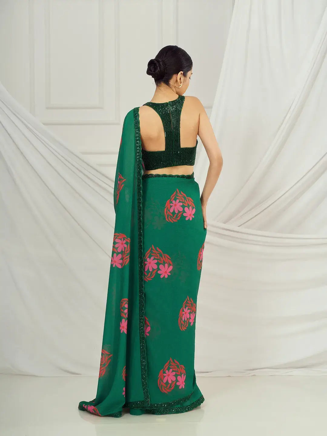 Dark Green Floral Heart Saree Set