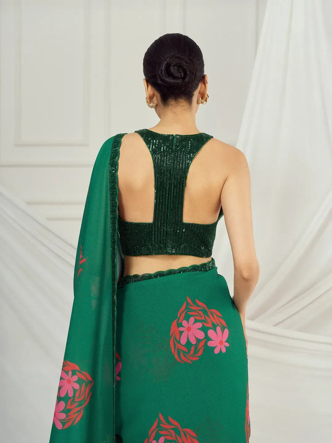 Dark Green Floral Heart Saree Set