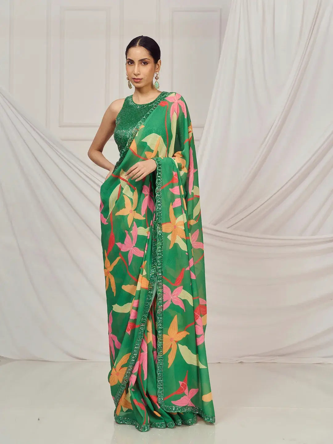 Leaf Green Floral Saree Set