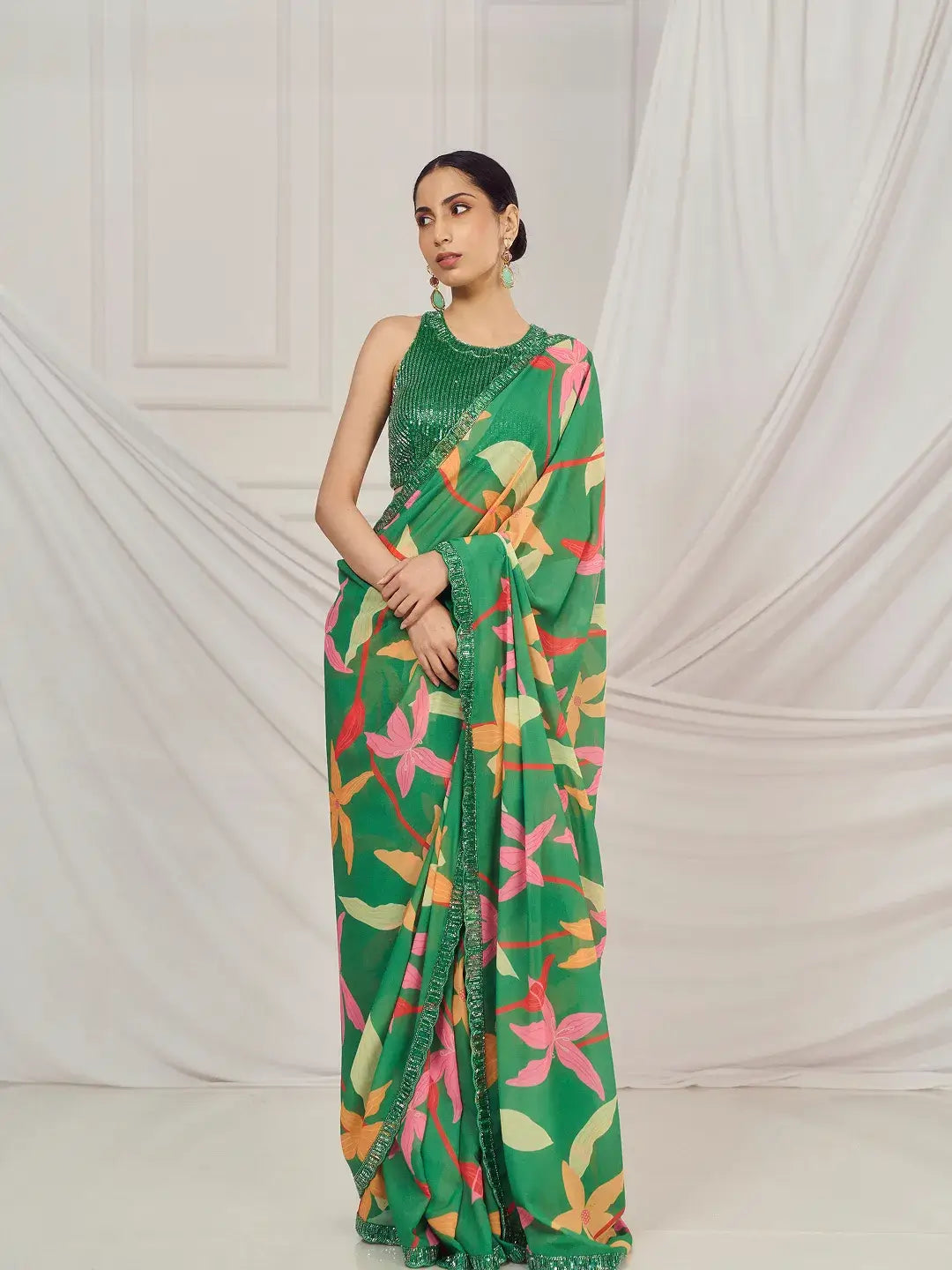 Leaf Green Floral Saree Set