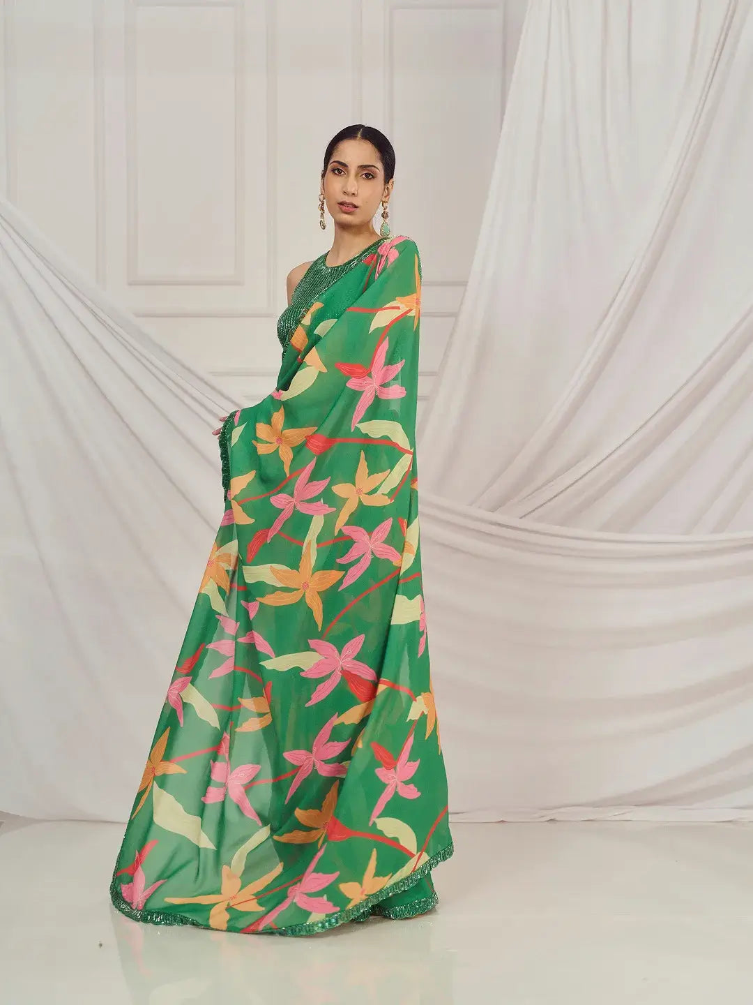 Leaf Green Floral Saree Set