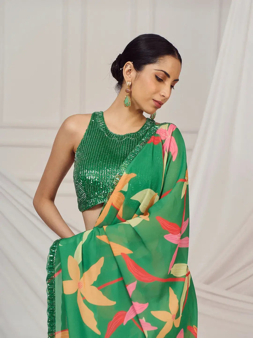 Leaf Green Floral Saree Set