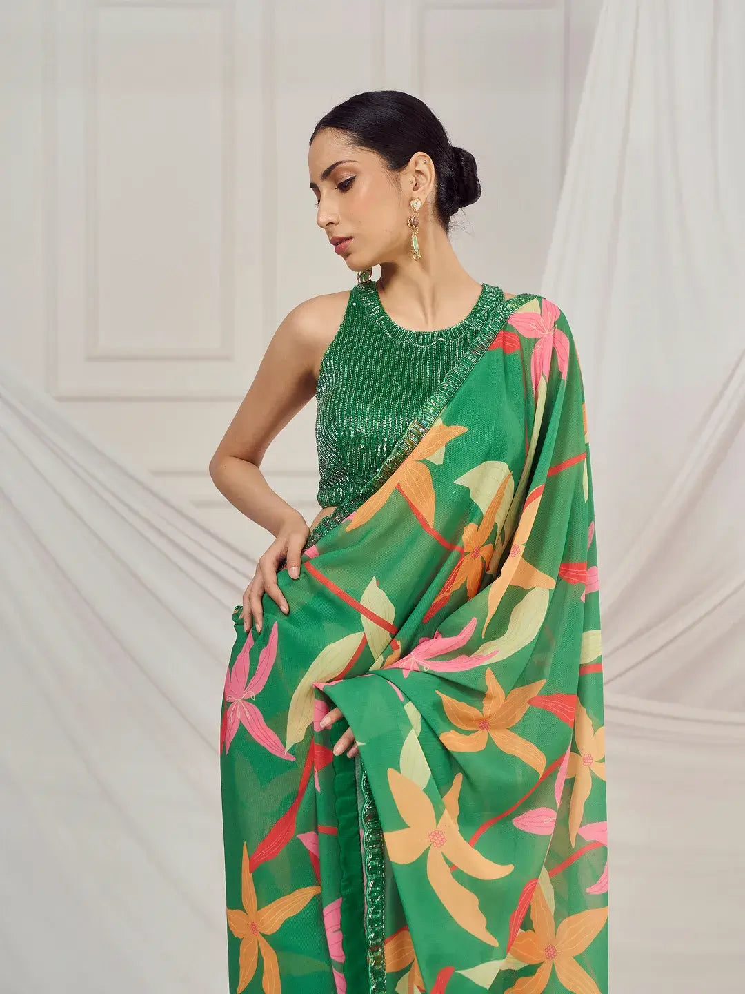 Leaf Green Floral Saree Set