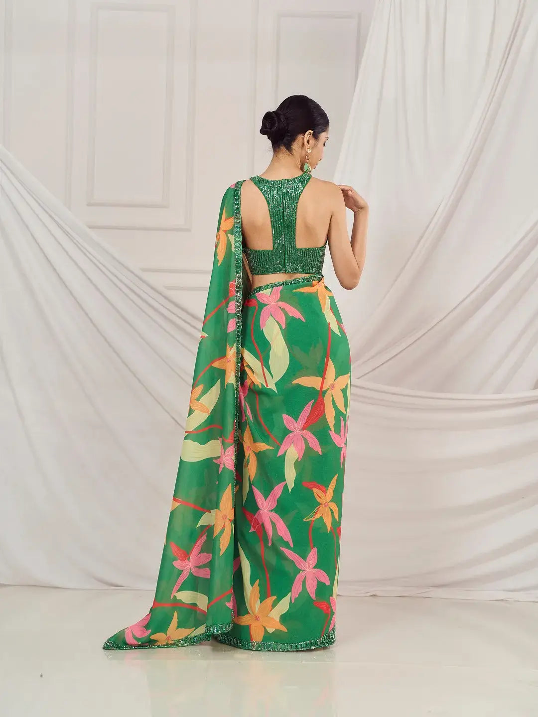 Leaf Green Floral Saree Set