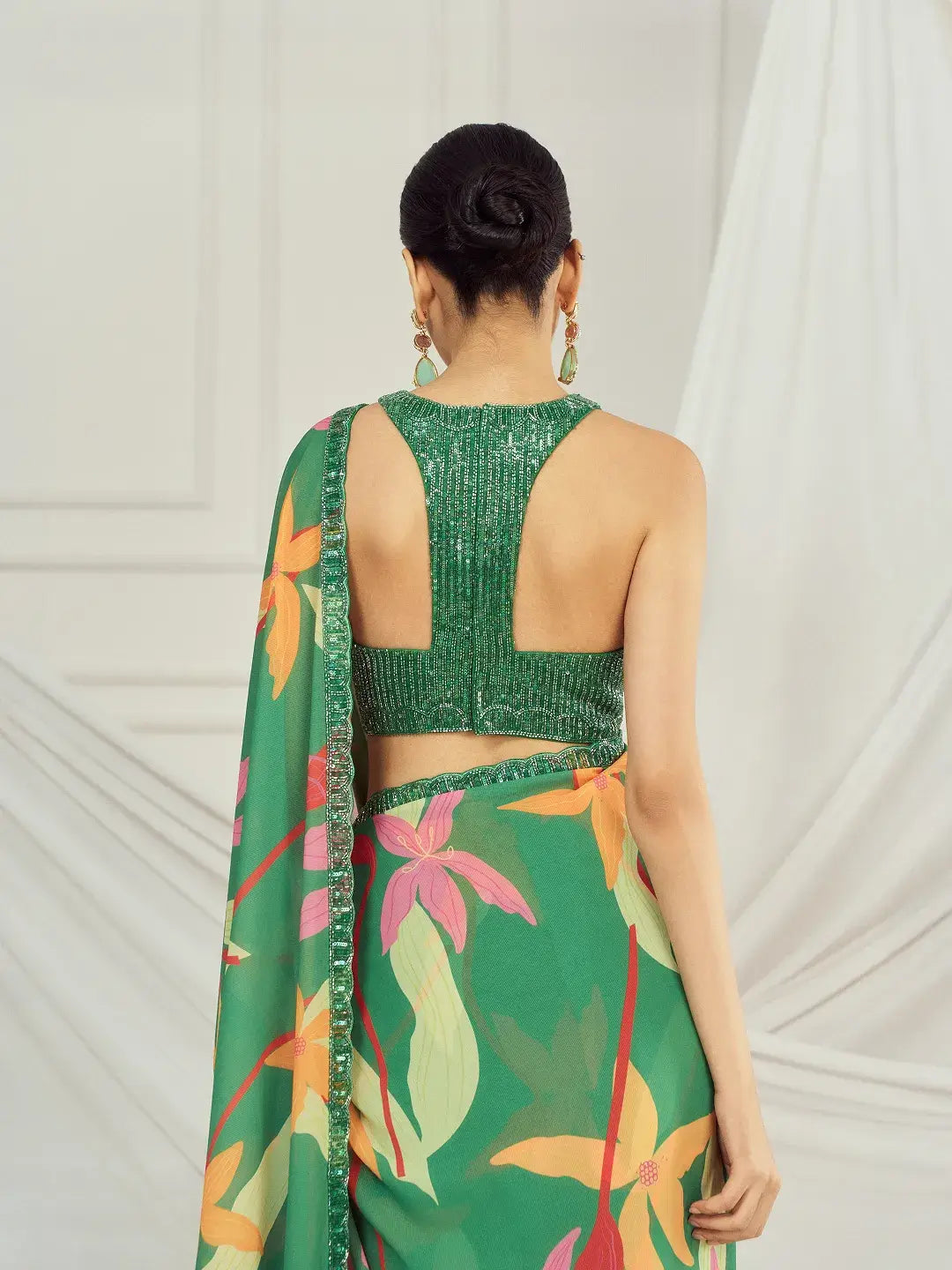 Leaf Green Floral Saree Set