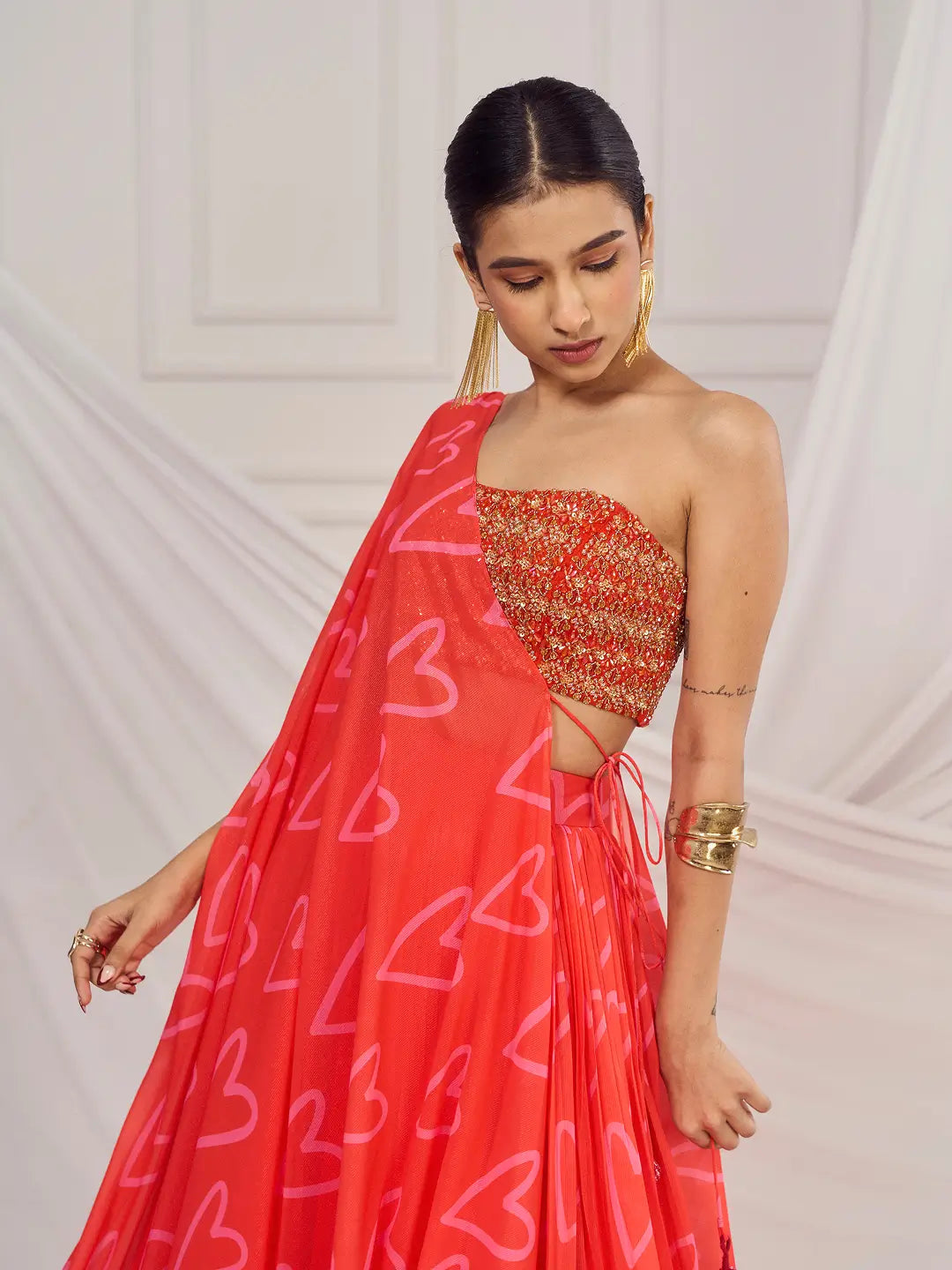 Red Heart Cape and Lehenga Set