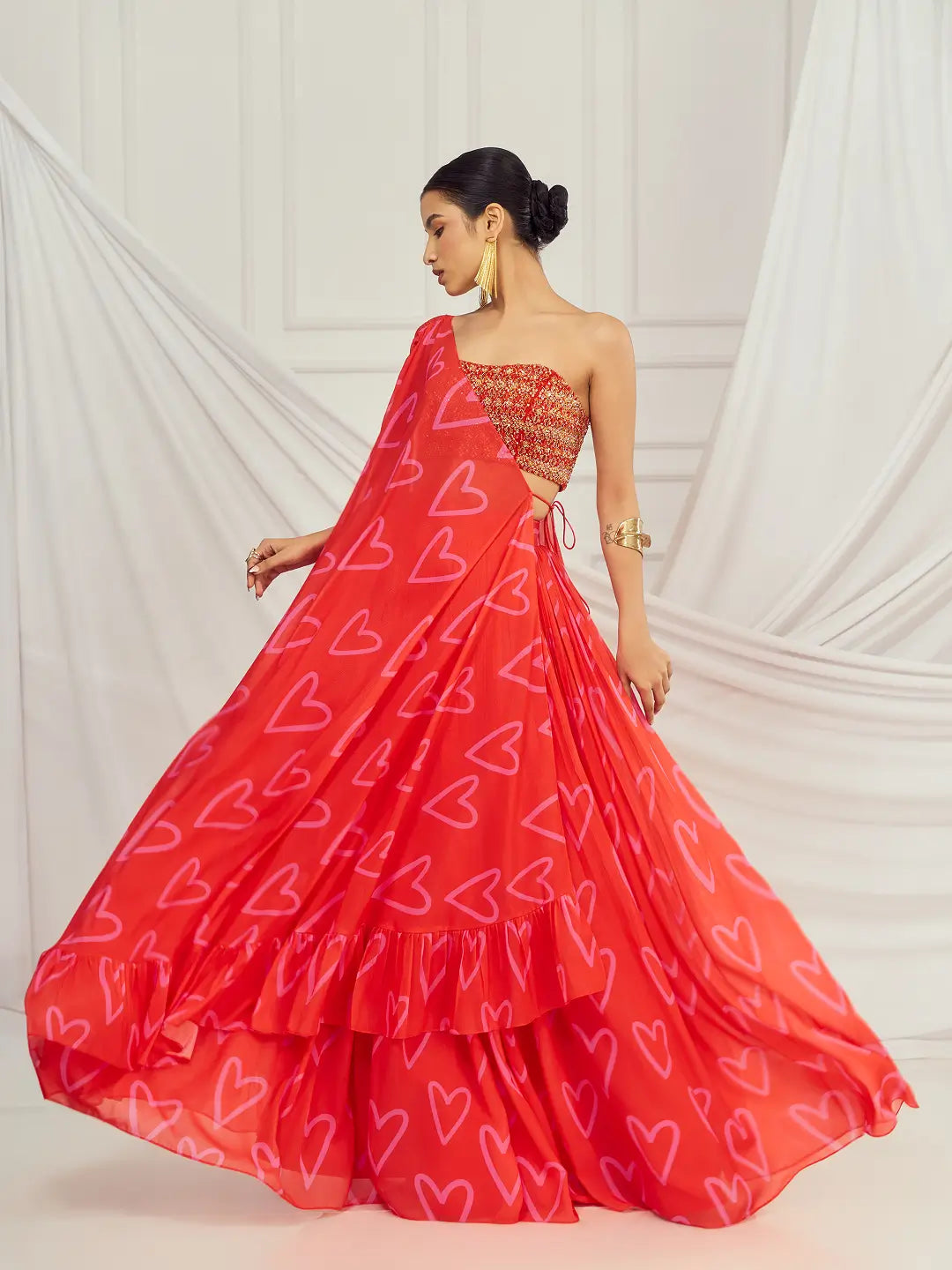 Red Heart Cape and Lehenga Set