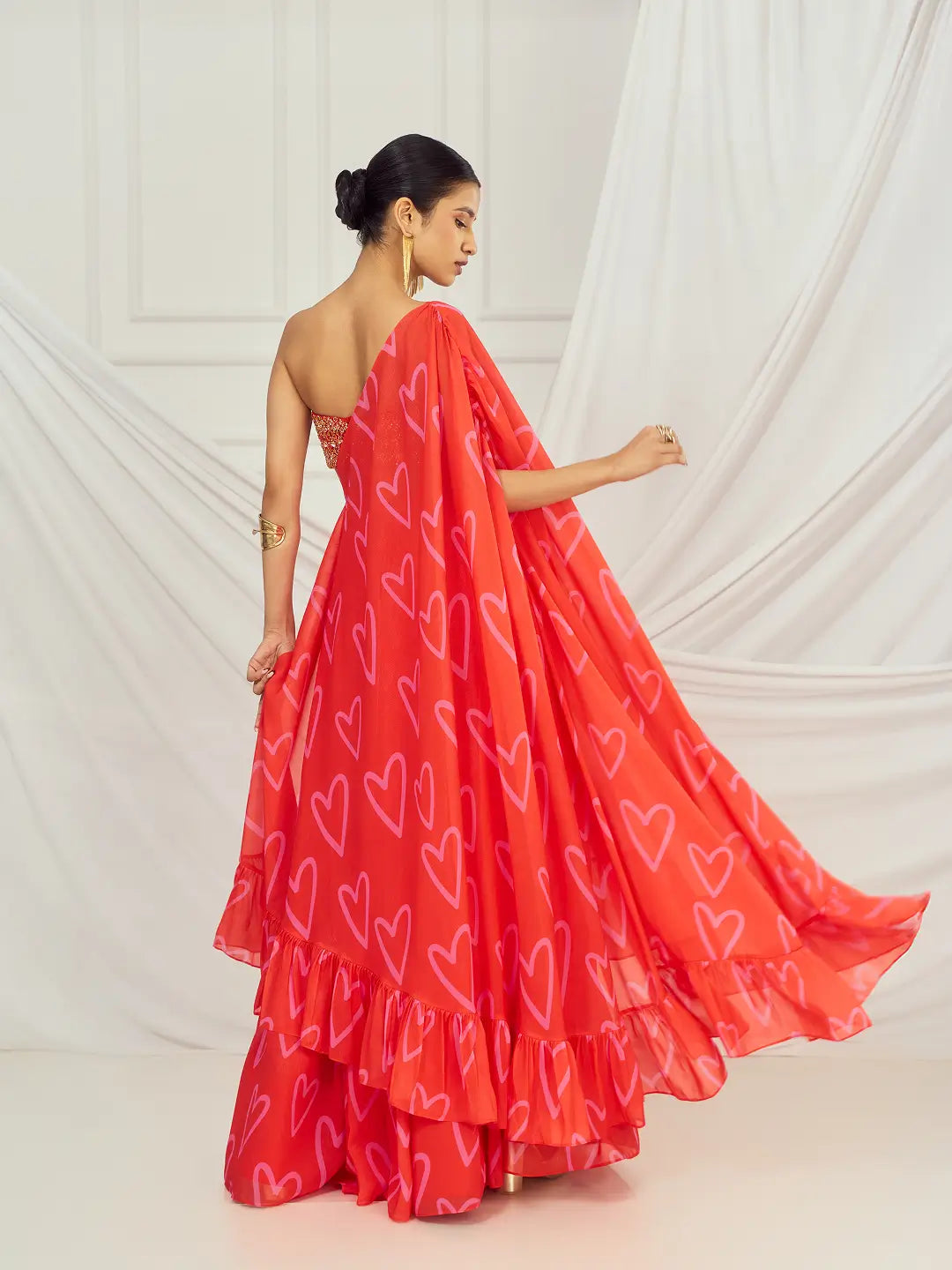 Red Heart Cape and Lehenga Set
