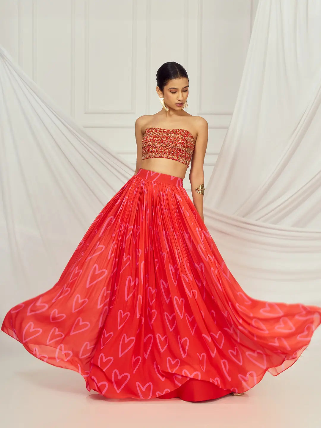Red Heart Cape and Lehenga Set
