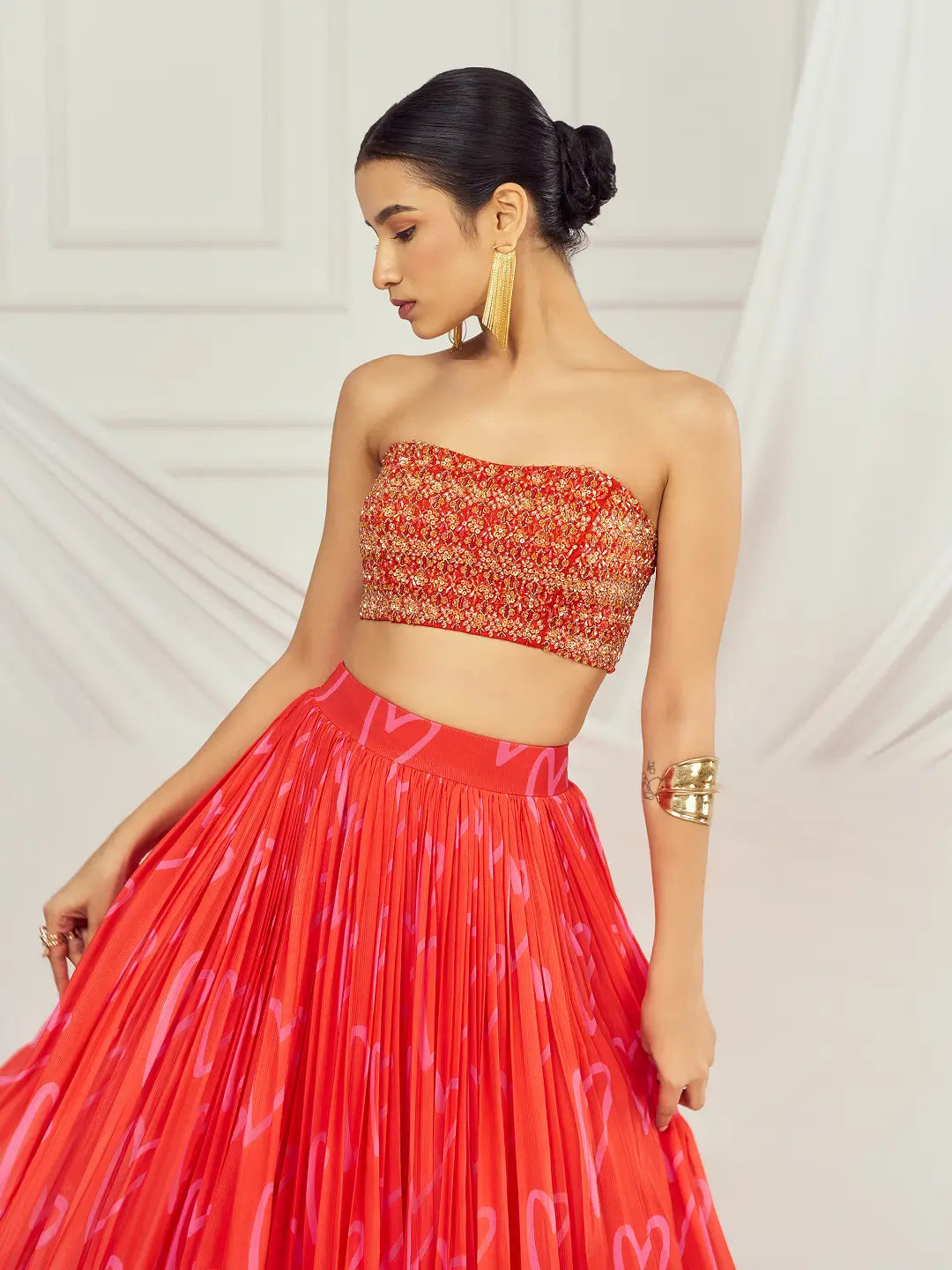 Red Heart Cape and Lehenga Set
