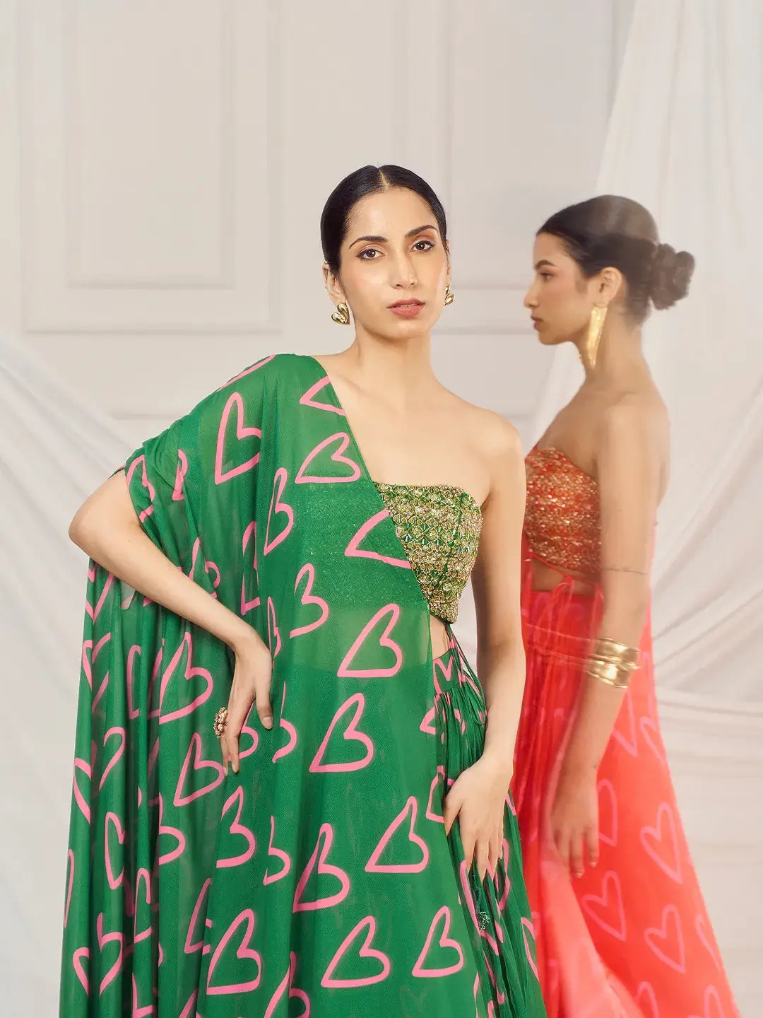 Dark Green Heart Cape and Lehenga Set