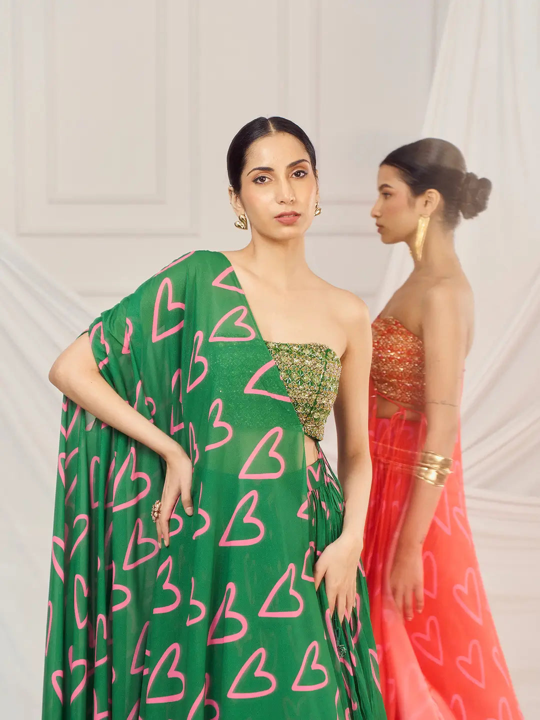 Red Heart Cape and Lehenga Set