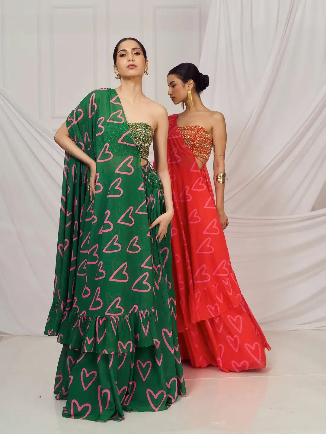 Dark Green Heart Cape and Lehenga Set